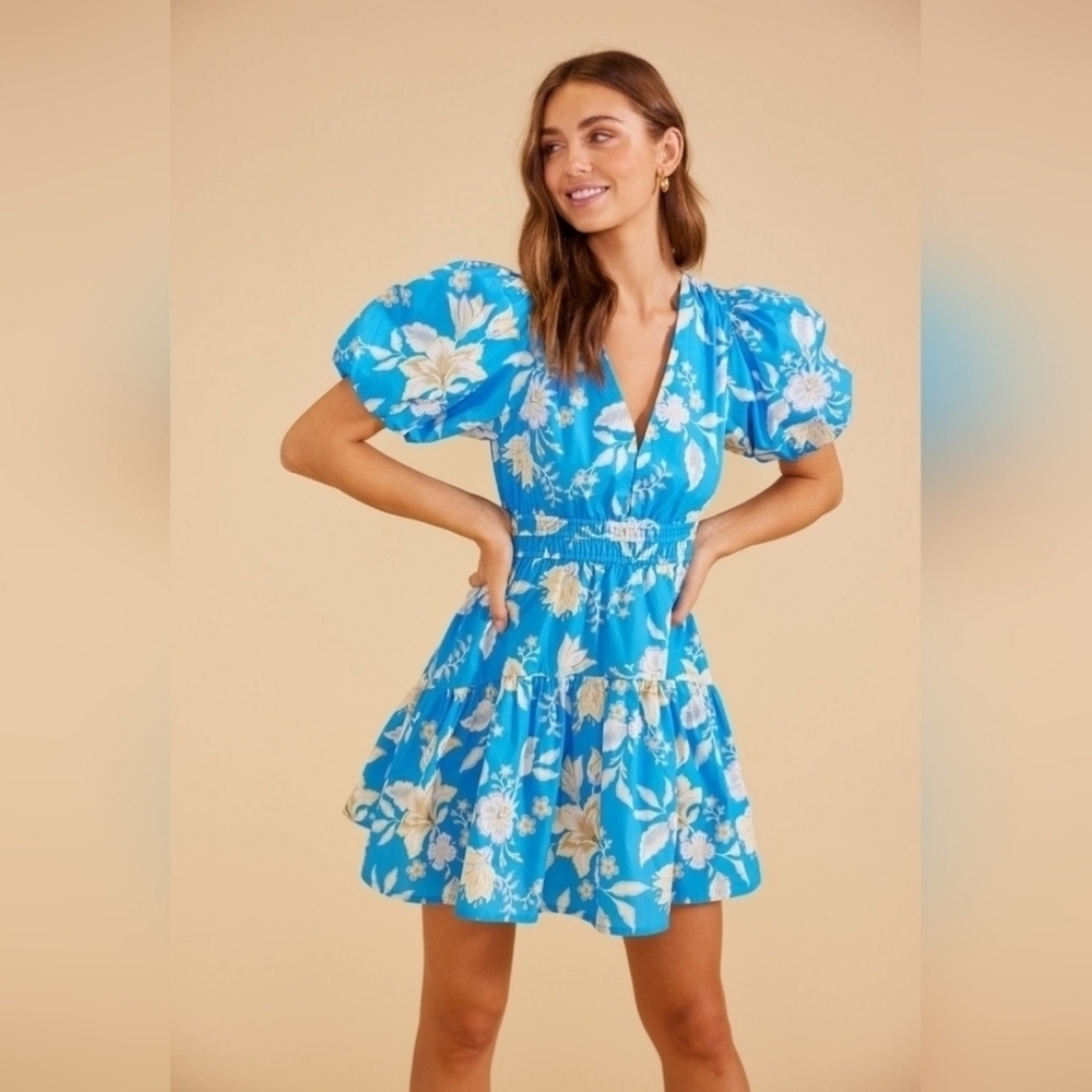 MINKPINK Blue Floral Puff Sleeve Mini Dress